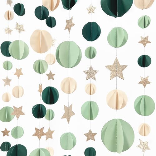 Champagne Gold Sage Green Beige 3D Polka Dot Star Hanging Streamer Circle Dot Star Garland Banner for Neutral Birthday Wedding Engagement Safari Jungle Woodland Party Decorations Supplies - Image 5