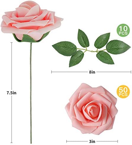 AmyHomie Pink Rose 50pcs Real Looking Artificial Flowers w/Stem - Image 2