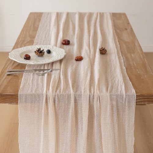 2Pcs Light Beige Cheesecloth Table Runner 120 Inches for Party Home Decor - Image 2