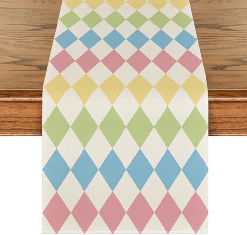 Artoid Mode Diamond Plaid Pink Blue Easter Table Runner, Seasonal Spring Summer Party Kitchen Dining Table Decoration for Home Party Decor 13x72 Inch by ArtoidMode