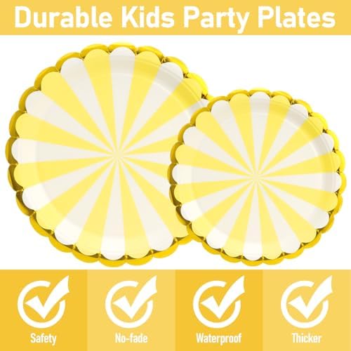 96PCS Yellow Party Paper Plates with Gold Scalloped Edge, Yellow Scalloped 9inch 7inch Dessert Paper Plates Party Supplies for Birthday Bridal Shower Picnic, Serve for 24 Guests, Striped - Image 4