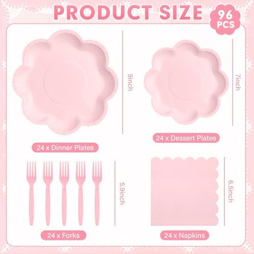 96 Pcs Pink Paper Plates and Napkins Set Pink Party supplies for 24 Guest Including Scalloped Disposable Dessert Paper Plates Napkins Plastic Forks for Baby Shower Mother's Day Wedding Easter - Image 3