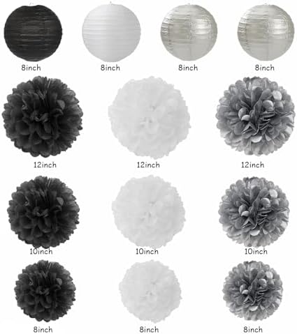 Black White Silver Party Decorations - 20pcs New Year Men Birthday Paper Lanterns Fans,Tissue Pom Poms,Honeycomb Balls,Bunting,Wedding Bachelorette Bridal Graduation Baby Decor Burgleda - Image 2