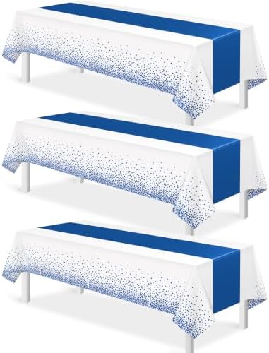 MASHAN 3Pcs White and Blue Tablecloth Party Decorations,Plastic Black Table Cloth Printed Blue Table Runner Disposable Rectangle Cover for Birthday Wedding Anniversary Graduation Party,54 x108 Inch by MASHAN