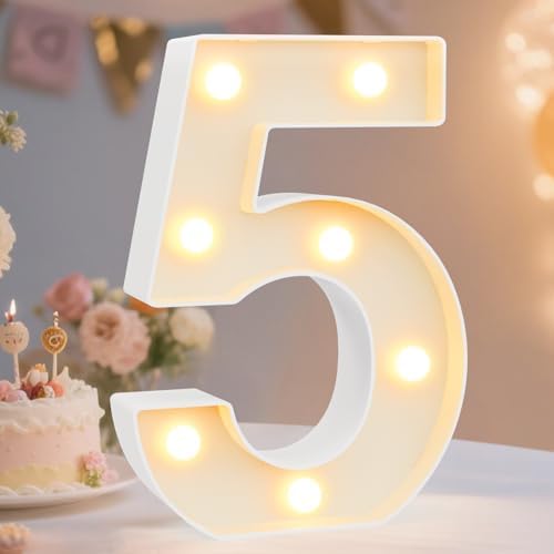 Decorative Led Light Up Number Letters, White Plastic Marquee Number Lights Sign Party Wedding Decor Battery Operated Number (5) by Pooqla