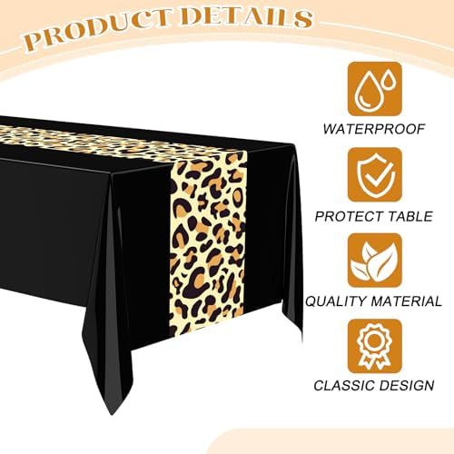 Buryeah 6 Pcs 54 x 108'' Plastic Disposable Leopard Tablecloth, Black - Image 4