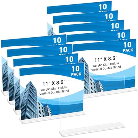 10 Pack Acrylic Sign Holder 11 x 8.5 Horizontal, Double-Sided Clear Sign Holder Plastic Stands for Display, T Shape Acrylic Table Sign Stands for Office Store Restaurants Wedding Party Decoration by DECOHOBO