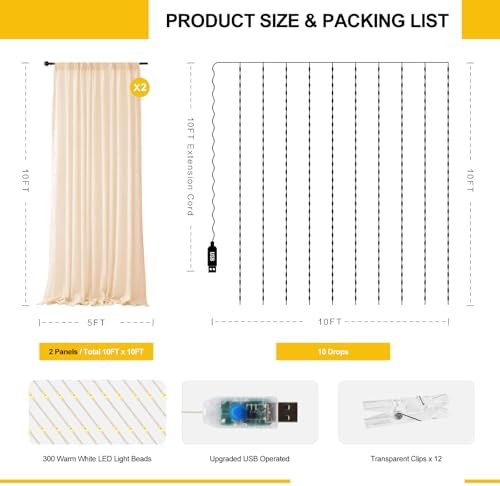 Tulle Curtain Backdrop with 300 LED Fairy Lights for Parities Wrinkle-Free Sheer Curtain Drapes Photo Back Drop for Wedding Baby Shower Bridal Shower Birthday Home Décor-10ft×10ft, Champagne - Image 3