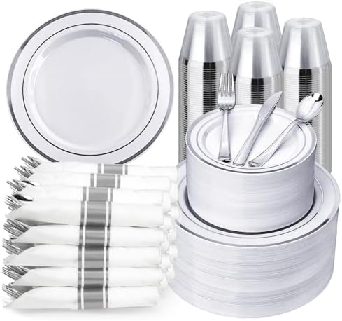 BESTVIP 700 Piece Silver Plastic Dinnerware Set for 100 Guests by Bestvip