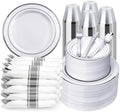 BESTVIP 700 Piece Silver Plastic Dinnerware Set for 100 Guests by Bestvip