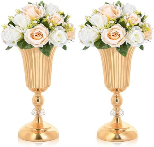 2PCS Gold Metal Wedding Flower Trumpet Stripe Vases Crystal Table Centerpieces for Artificial Flower Arrangements for Anniversary Celebration/Wedding/Party/Birthday Event Aisle Home Decor by KOLNLALA