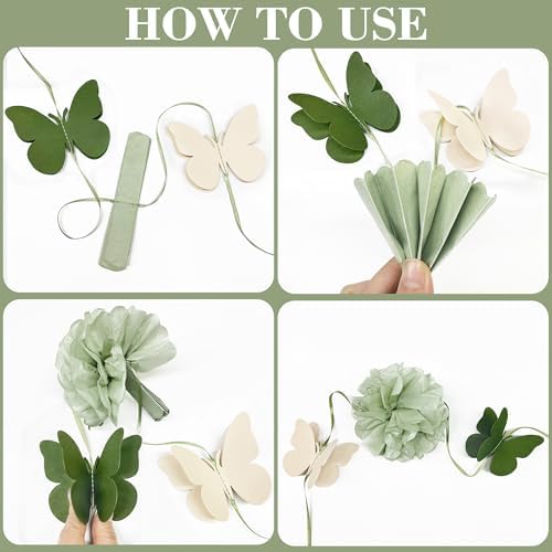 Sage Green Party Decorations Tissue Flowers Pom Pom Olive Green Beige 3D Butterfly Hanging Paper Garland Streamer Banner for Spring Themed Birthday Wedding Shower Tea Party Home Decor Supplies - Image 3
