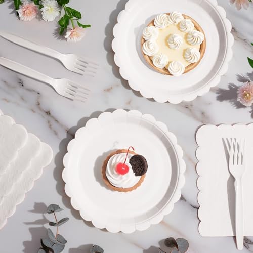 105PCS White Paper Plates & Napkins Set,7inch Scallope,with Forks - Image 4