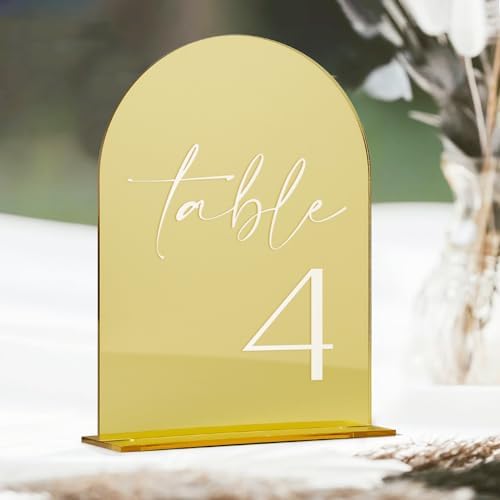HOODO Gold Mirror Acrylic Wedding Table Numbers 1-10 with Stands, 5"x7" Arched Acrylic Signs and Holders, Gold Mirror Arch Table Numbers for Wedding Reception, Centerpiece, Party, Anniversary, Event - Image 2
