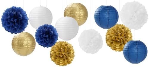 Navy-Blue Gold Party-Decorations Paper-Flowers Lanterns - 15PCS Royal White Baby Bridal Shower Tissue Pom Poms Streamers, Bachelorette Birthday Wedding Graduation Hanging Supplies Decor Hugfond - Image 7