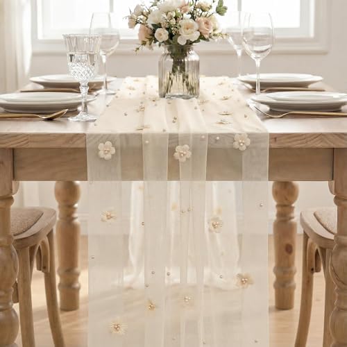Artoid Mode Flower Pearl Peach Gauze Table Runner 10FT, Seasonal Sheer Dining Holiday Wedding Birthday Baby Shower Table Decor for Home Party - Image 2