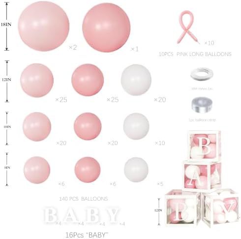 170Pcs Coquette Pink Bow Baby Shower Decorations for Girl - Soft Pink Balloon Arch Garland Kit with 4 Baby Boxes - DIY Long Balloons for Bows, Princess Birthday Party Supplies, Gender Reveal - Image 2