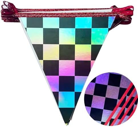 Racing Party Decorations Iridescent Checkered Red Pennant Banner Flag Hanging Paper Triangle Bunting for Race Fans Birthday Monster Truck Race Car Party Decorations Supplies - Image 3
