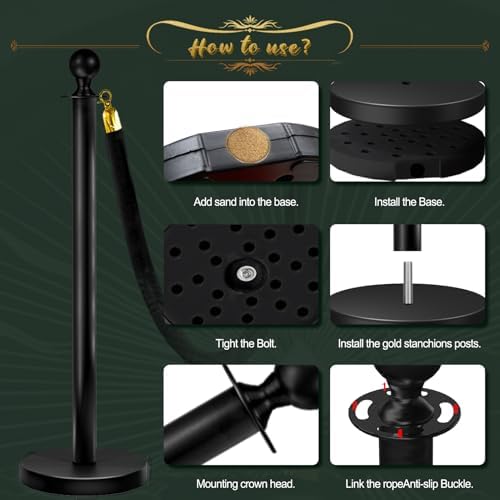 4 Pcs Black Stanchions with Velvet Ropes with 3 Pcs 5 Ft Black Velvet Ropes Carpet Ropes Posts Stanchion Set for Crowd Control Barriers for Weddings, Events, Hotels, and Party Decor - Image 6