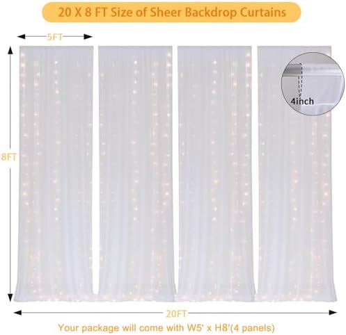 20 FT x 8 FT White Backdrop Curtain - Tulle Backdrop Curtain with 9.8FT Lights String - Sheer Backdrop Curtains with 4 Inch Rod Pockets for Birthday Weddings Baby Shower Celebration Party Decorations - Image 2