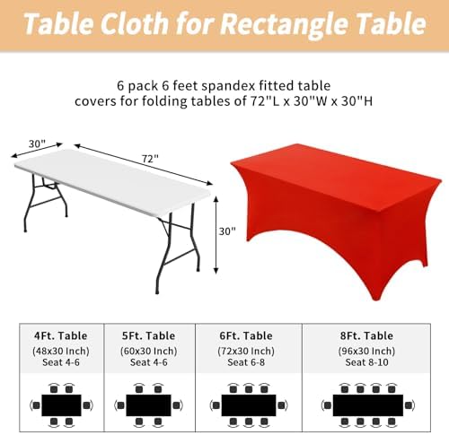 Fixwal 6 Pack 6FT Red Tablecloth Rectangle Spandex Fitted Table Cover - Image 3