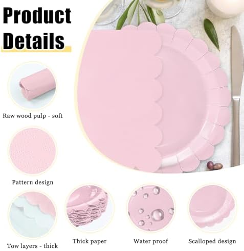 HEIPINIUYE 50 Pcs Light Pink Paper Plates and Napkins Party Supplies Include 7'' Pink Scalloped Plates and 6.5'' Paper Napkins Disposable Tableware Set for Dinner Wedding Birthday Party (Serves 25) - Image 4