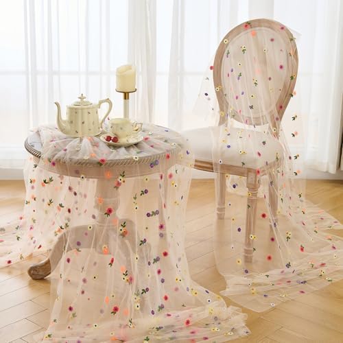 BINBE 12pcs Daisy Spring Table Runner Embroidery Gauze 10FT Florals Seasonal Tulle Holiday Birthday Kitchen Dining Table Decor for Home Party Champagne - Image 5