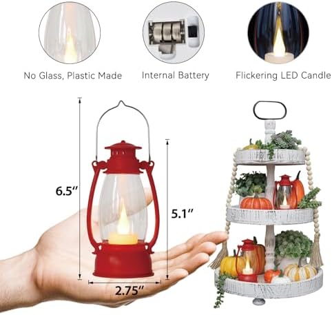12Pcs Red Mini Lanterns for Centerpiece – Vintage Lantern Decor for Christmas, Halloween, Weddings & Western Party – Hanging Ornaments Bulk with Flicker LED Candle for Cowgirl, Camping Decor - Image 2