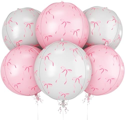 Bow Round Foil Balloons Birthday Coquette Decor 22 Inch 6 Pcs by vibzox