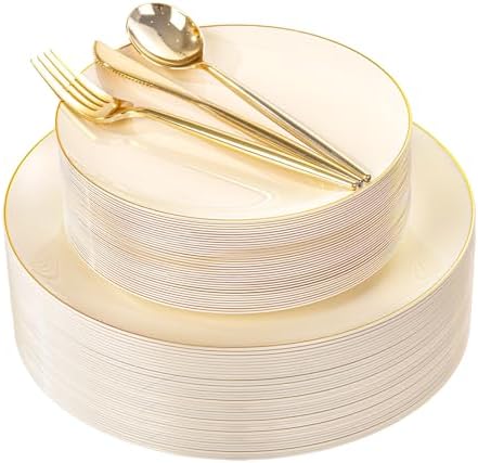 I00000 150Pcs Ivory Plastic Plates, Fancy Gold Plastic Plates Set for Party by I00000