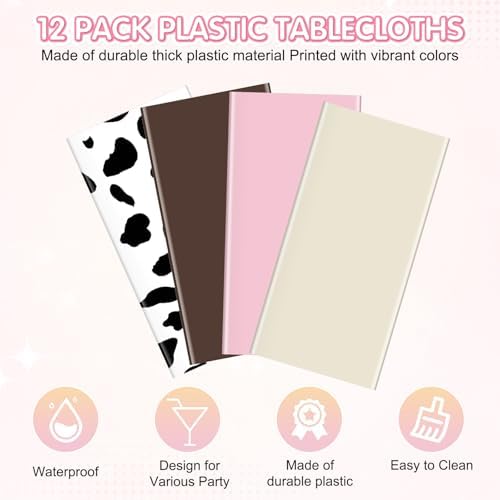 12 Pack Cowgirl Baby Shower Plastic Tablecloth for Rectangle Tables, Cow Print Western Disposable Table Cover, Pink Rustic Table Cloth for Western Farm Cowboy My First Rodeo Baby Shower Party Decor - Image 3