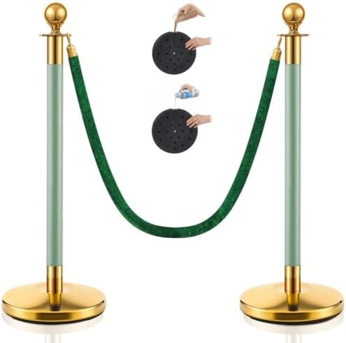 Ferraycle 2 Pcs Stainless Steel Stanchions Post Queue 38 Inch, 5 ft Velvet Carpet Ropes and Pole, Control Barriers for Wedding Birthday Party Decoration Sand Injection Hollow Base Set (Green,Gold) by Ferraycle