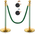 Ferraycle 2 Pcs Stainless Steel Stanchions Post Queue 38 Inch, 5 ft Velvet Carpet Ropes and Pole, Control Barriers for Wedding Birthday Party Decoration Sand Injection Hollow Base Set (Green,Gold) by Ferraycle