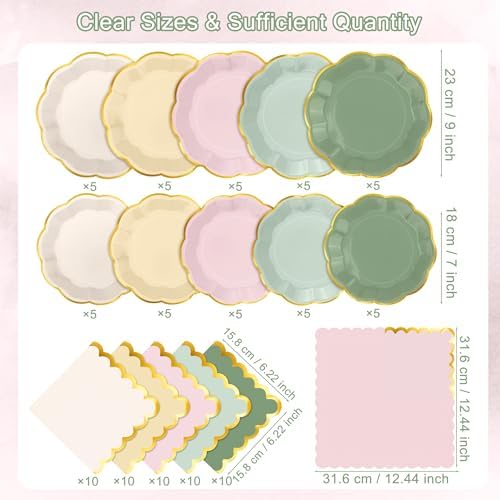 Kochorie 100 Pcs Sage & Pink Scalloped Paper Plates and Napkins - Image 2