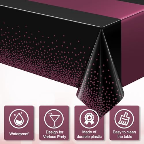 6Pcs Black and Maroon Purple Tablecloth Party Decorations,Plastic Black Table Cloth Printed Maroon Purple Table Runner Disposable Rectangle Table Cover for Birthday Wedding Graduation Party,54x108Inch - Image 3