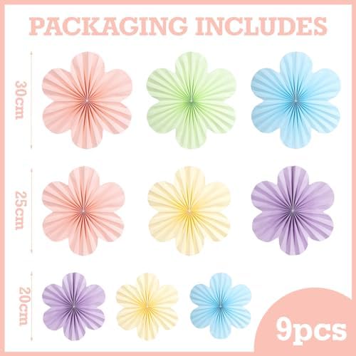 SUNBEAUTY Pastel Paper Flowers Decorations for Wall, Hanging Paper Fans Paper Floral Backdrop Decor Paper Fans Decoration Mothers Day Birthday Wedding Baby Shower, Set of 9 - Image 2