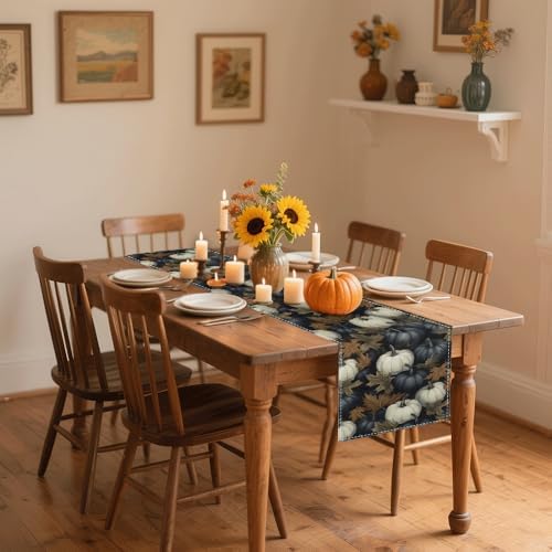 Fall Thanksgiving Table Runner 13x72 Inch by Mode - Pumpkin & Eucalyptus Print, Stylish Home Kitchen Dining Party Decoration - Image 2