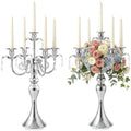 2 Pcs 20.3'' Tall 5 Arm Silver Candelabra Centerpiece for Table, Metal Crdystal Candle Holder, Retro Candlestick Table Centerpieces for Party, Events, Home, Wedding Decor (2, Silver) by KOLNLALA