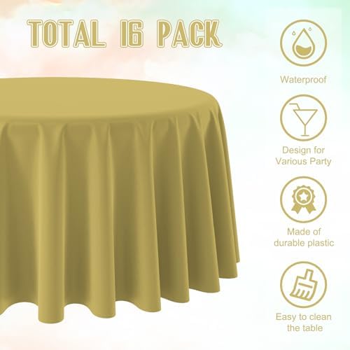 16 Pack Gold Plastic Tablecloth for Round Tables, Premium Decorative Gold Disposable Table Cloths for Parties, Bulk Round Party Table Cover for Birthday Wedding Anniversary Graduation, 84 Inch - Image 3