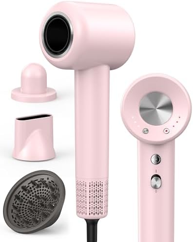 High Speed Ionic Professional Hair Blow Dryer,160000 RPM Powerful Fast Drying Travel Hairdryer Blowdryer with Magnetic Diffuser, Concentrator Nozzle & Wall Mount Bracket, 3 Speeds & 4 Temps, Pink by Sunhanny