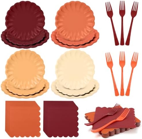 128Pcs Orange and Burgundy Plates and Napkins Party Supplies,Yellow Fall Color Disposable 7&9" Scalloped Paper Plates Napkins Forks Tableware for Fall Wedding,Birthday,Bridal Shower,Thanksgiving by CENLBJ