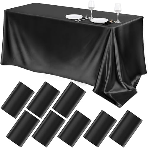 TURSTIN 8 Pack Black Satin Tablecloth 102 x 58 Inch Overlay Table Cover by TURSTIN