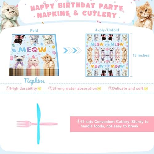 144PCS Cats Birthday Party Plates Set, Blue Pink Birthday Party Supplies - Image 4