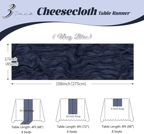 3 Pack Navy Blue Cheesecloth Table Runner, 17 x 108 inch, Semi Sheer Boho Cheese Cloth Fabric Table Runner Bulk for Wedding , Birthday, Party, Holiday, Home Decor (Navy Blue) - Image 3