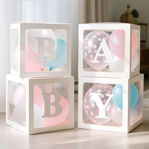 Ledido Baby Boxes with Letters for Baby Shower Decorations with 38 Balloons, 4 pcs Clear Balloon Boxes Blocks for Boys Girls Gender Reveal Decorations Birthday Backdrop Party (White) by Ledido