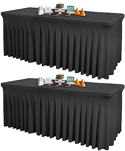 Shillance 2 Packs Black Spandex Table Covers 4 Foot, Fitted Stretch Table Cloth with Skirts 48x24 Inch, Wrinkle-Free Floor Length Rectangle Tablecloths for Trade Show Weddings Parties Banquets Events by Shillance