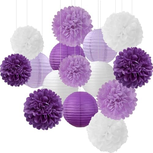Purple-White Lavender Party Decorations Paper Flowers Lanterns - 15PCS Birthday Graduation Tissue Pom Poms Streamers, Baby Bridal Shower Wedding Retirement Bachelorette Hanging Supplies Decor Hugfond by Hugfond