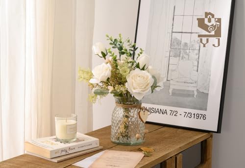 YJ Fake Flowers with Vase, Silk Roses Artificial Flowers in Vase, Faux Flower Plant Arrangement Suitable for Home Office Decoration, Dining Table Centerpiece(White) - Image 6