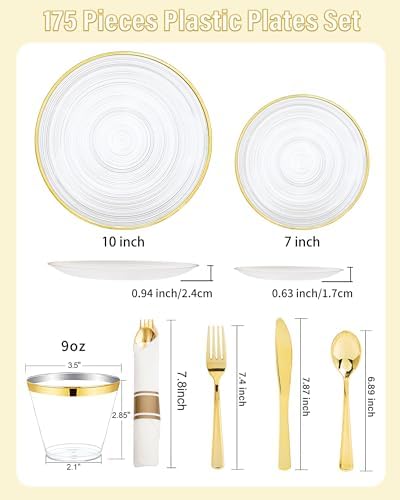 Morejoy 175PCS Clear Gold Plastic Plates - Disposable Clear Party Plates - Image 3