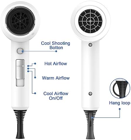 slopehill Professional Ionic Hair Dryer, Powerful 1800W Fast Drying Low Noise Blow Dryer with 2 Concentrator Nozzle 1 Diffuser Attachments for Home Salon Travel (White) - Image 4